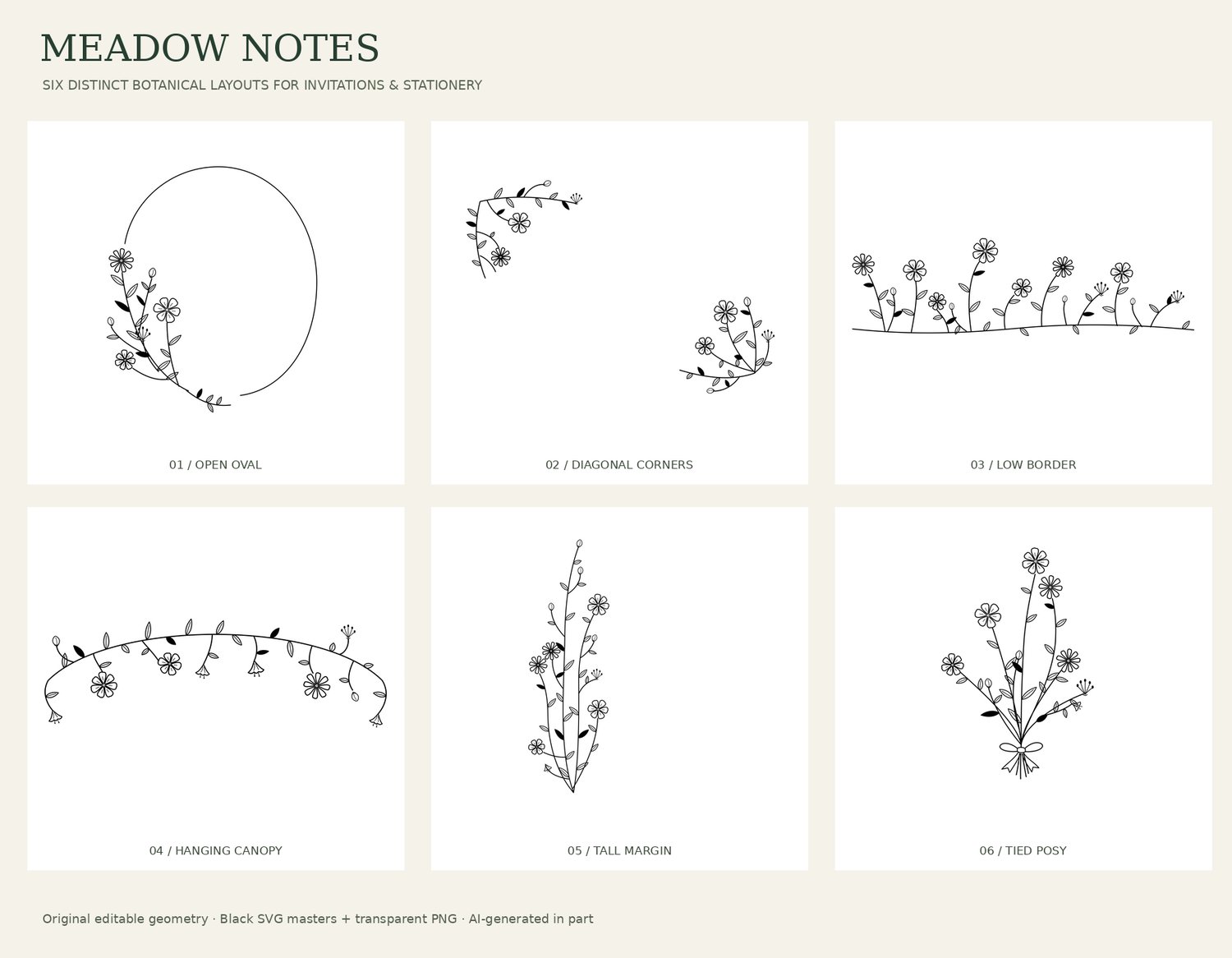 Meadow Notes portfolio from Everyday Useful Studio: six black botanical compositions, including an oval frame, garden corners, a low border, a hanging canopy, a tall margin, and a tied posy. AI-generated in part.