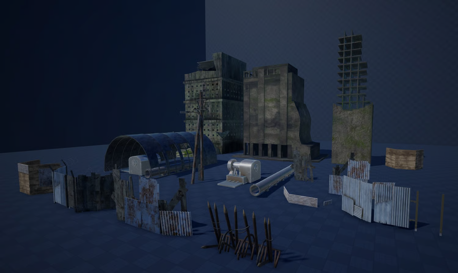 Damaged wooden and metal props