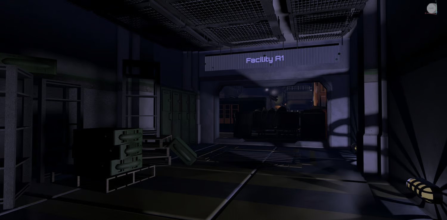 Modular sci-fi structures with lamps and garage doors