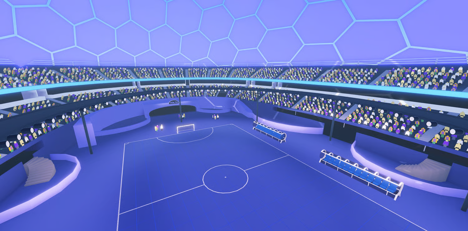 Wide view of the futuristic Roblox football arena