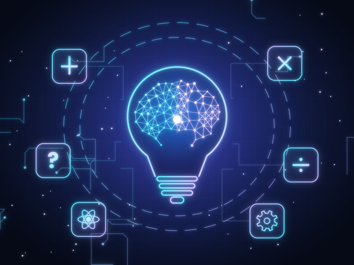 A glowing lightbulb with a circuit-style brain inside, surrounded by floating math and science symbols on a dark navy background.