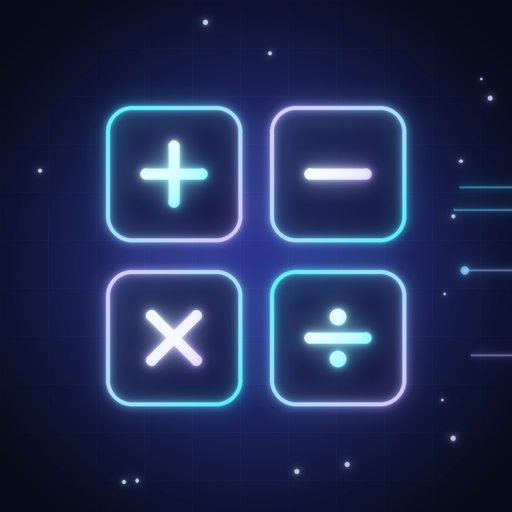Four glowing buttons showing plus, minus, times and divide signs.