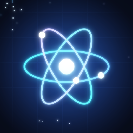 A glowing atom with three orbits and a bright center.