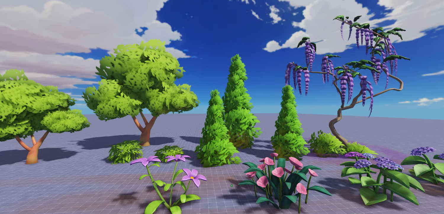 Stylized ferns and green woodland foliage