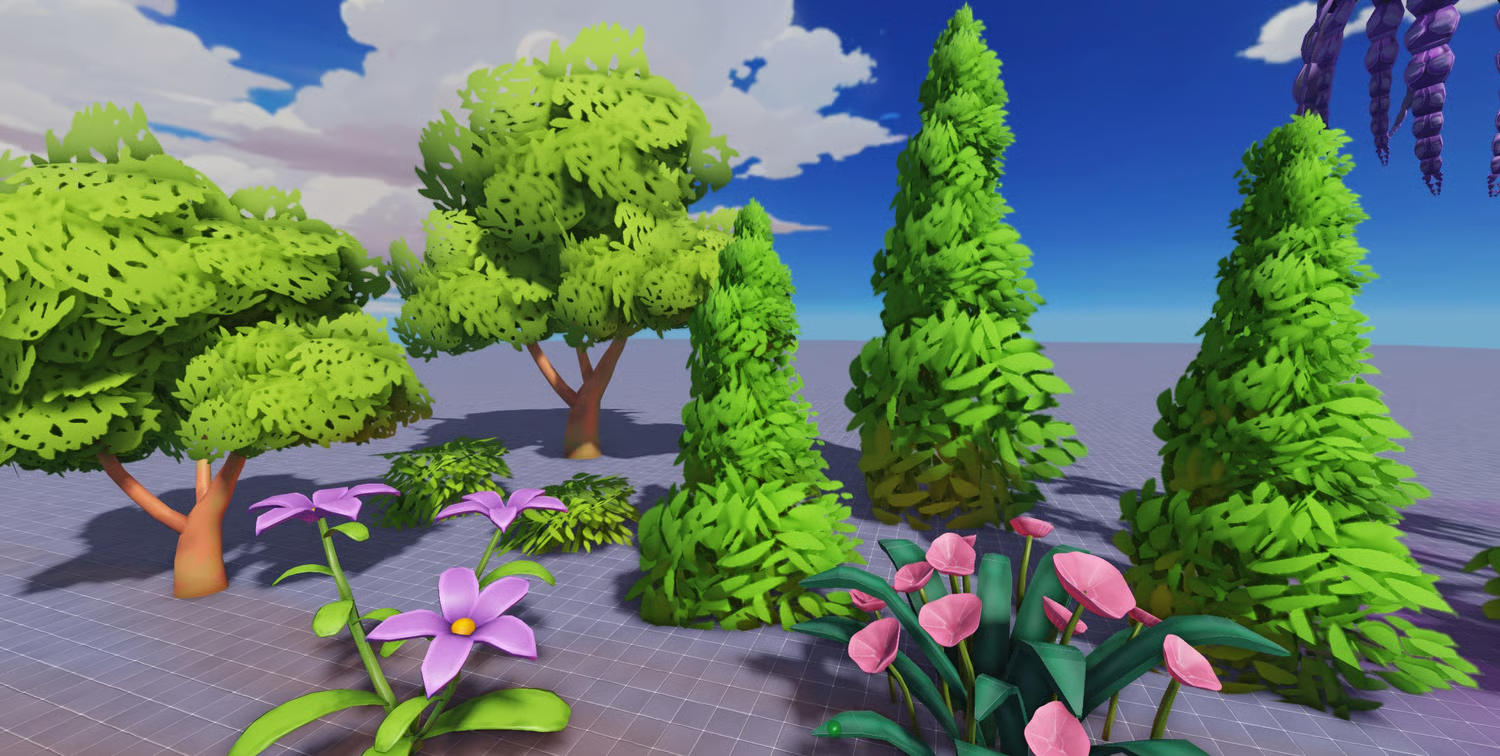 Detailed leaf textures on stylized forest meshes