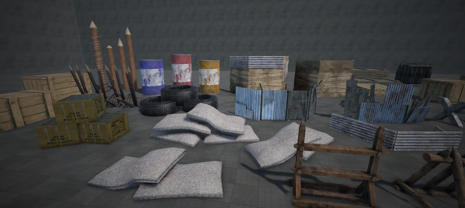 PBR textured combat props with realistic lighting
