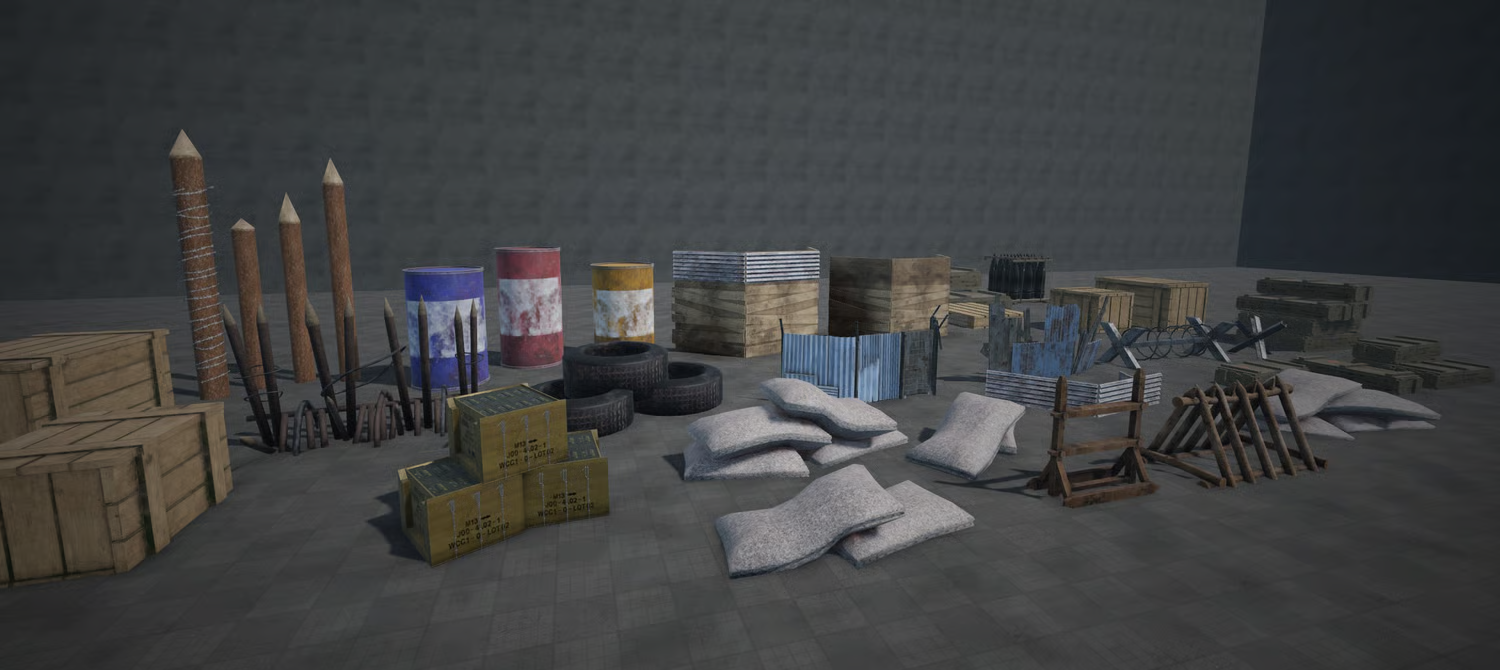 Sandbag stacks and makeshift defensive barricades