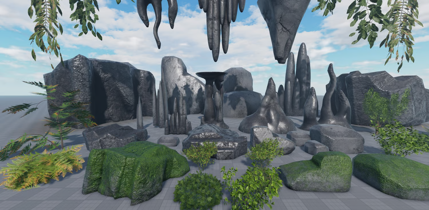 Realistic cave bushes and decorative ground flowers
