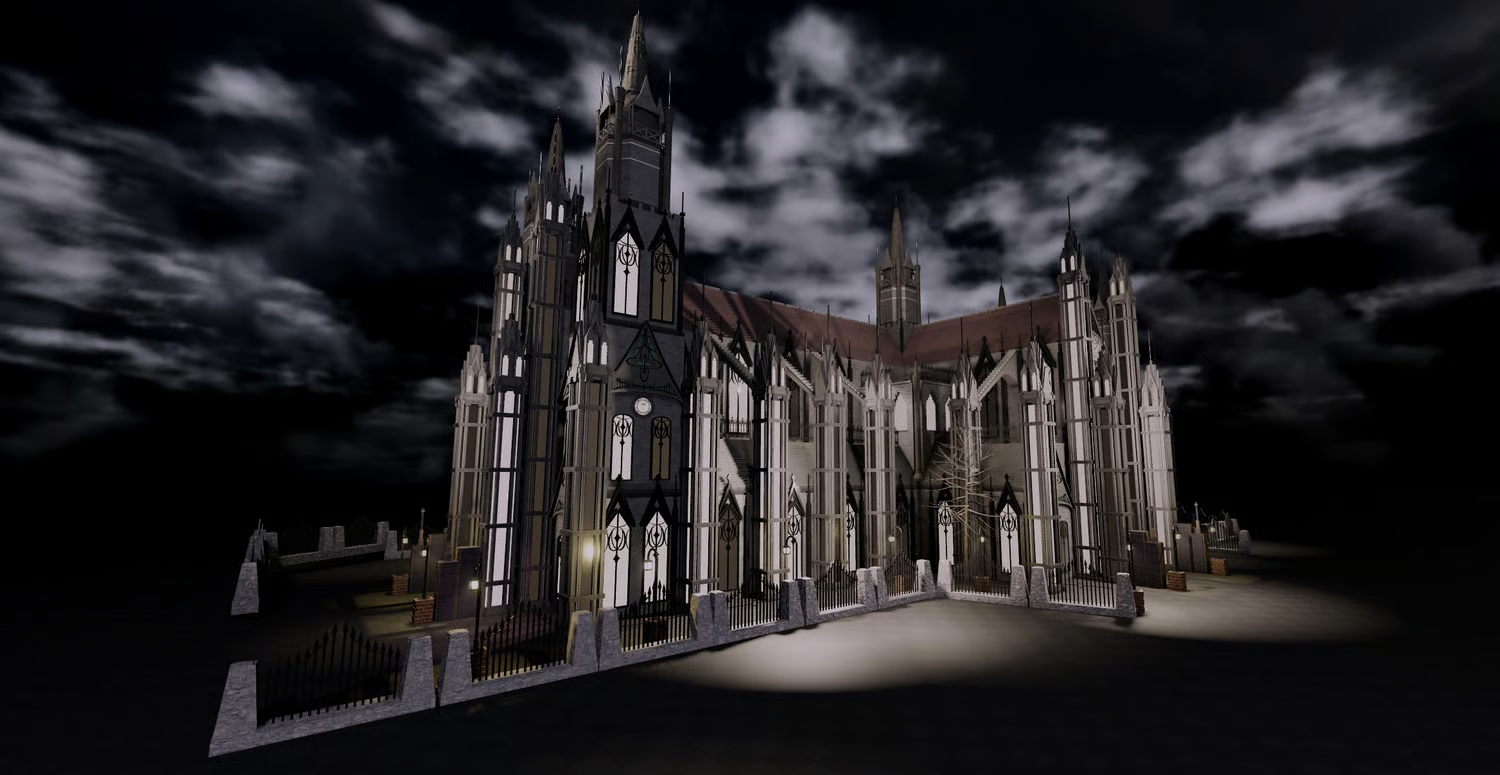 Tall cathedral towers with pointed Gothic spires