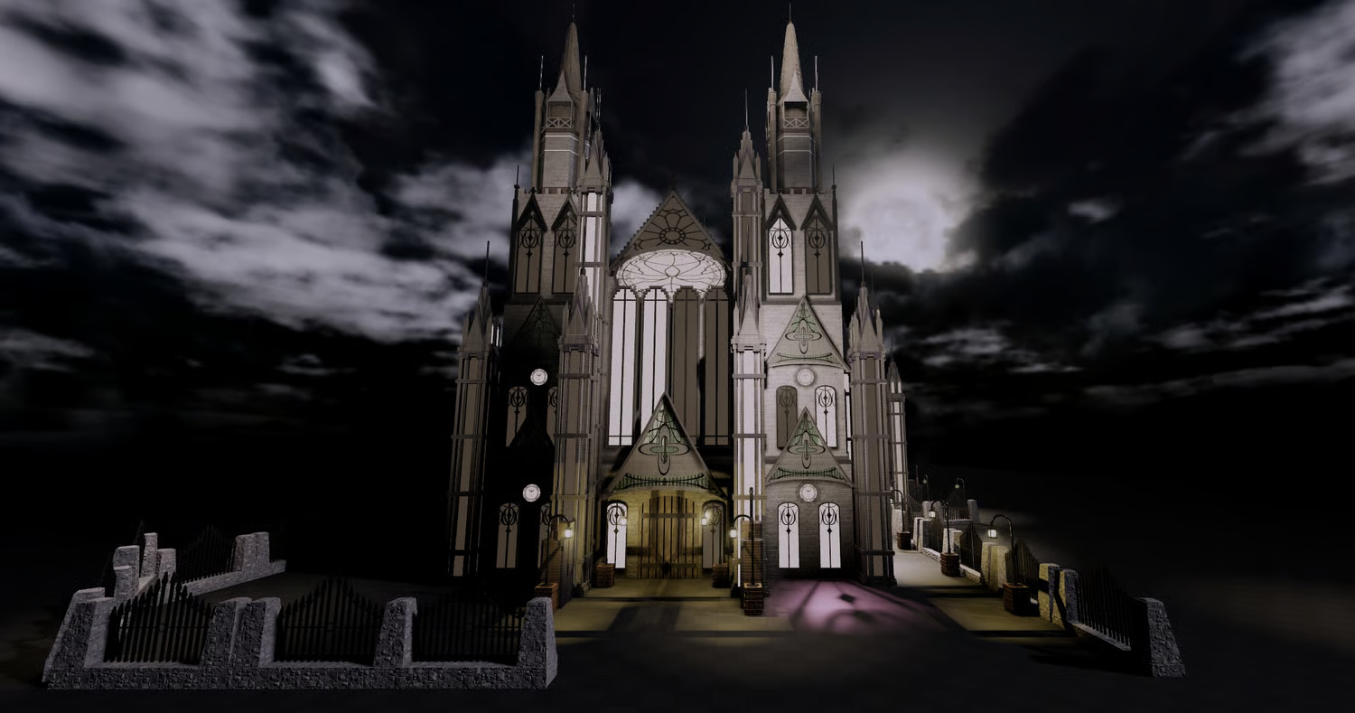 Wrought-iron gates and stone cathedral entrances