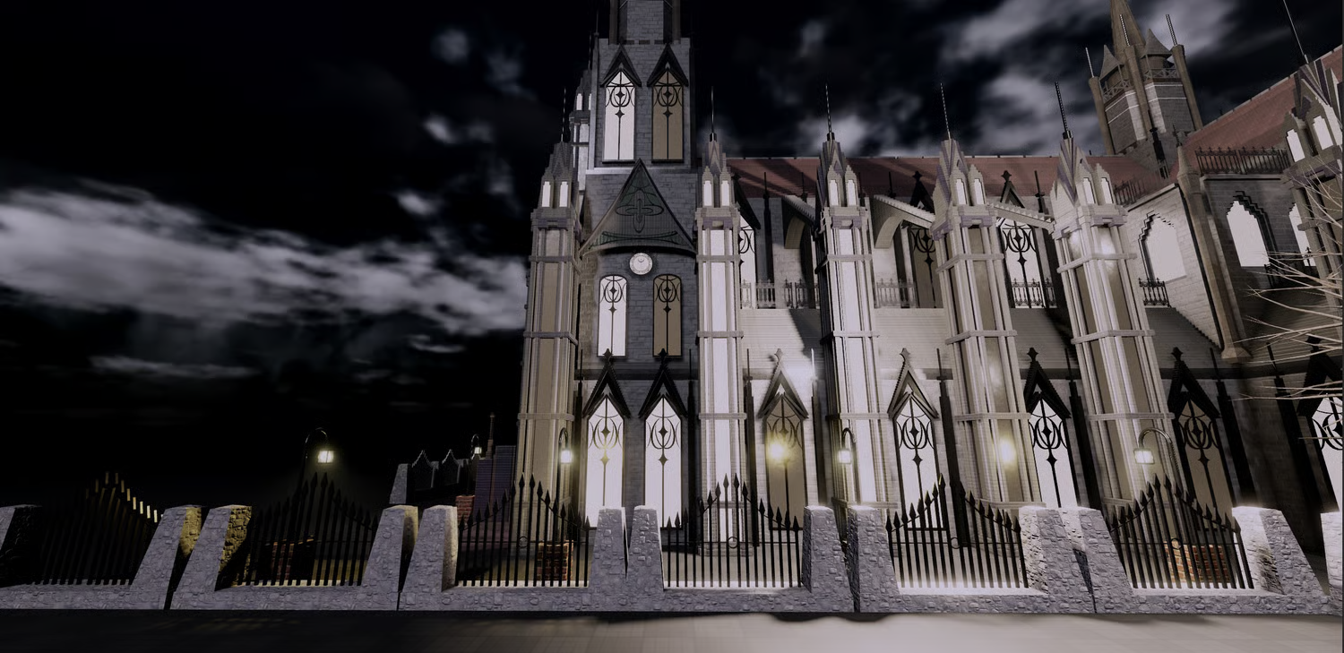Wrought-iron gates and stone cathedral entrances