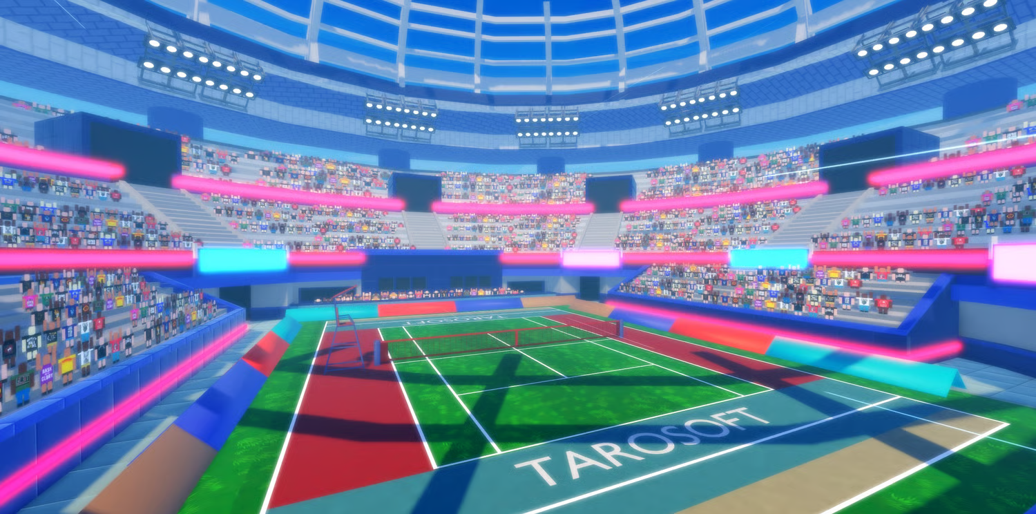 Full-sized tennis court with detailed boundary markings