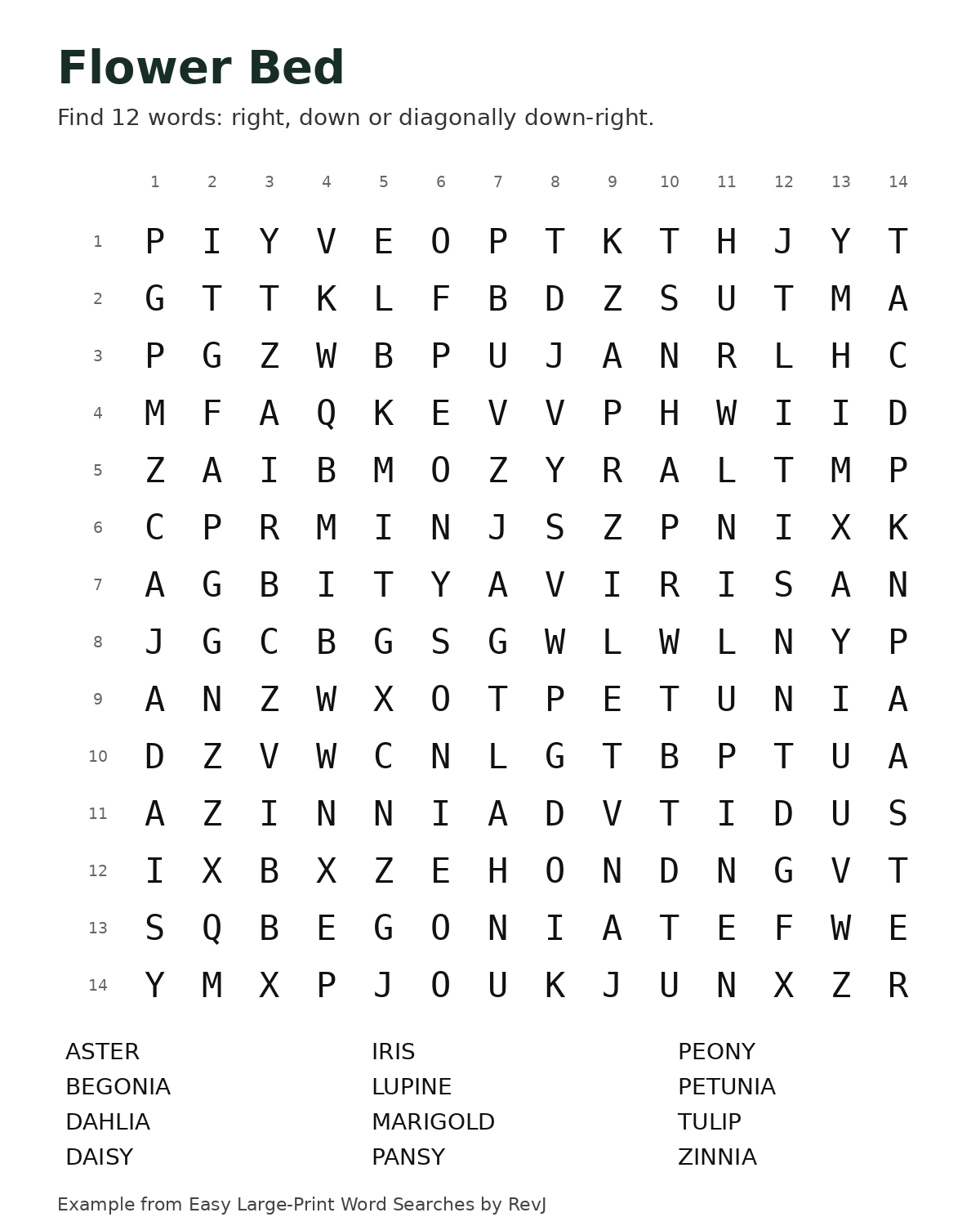 Flower Bed word-search puzzle with 14 numbered rows and columns and 12 flower names to find.