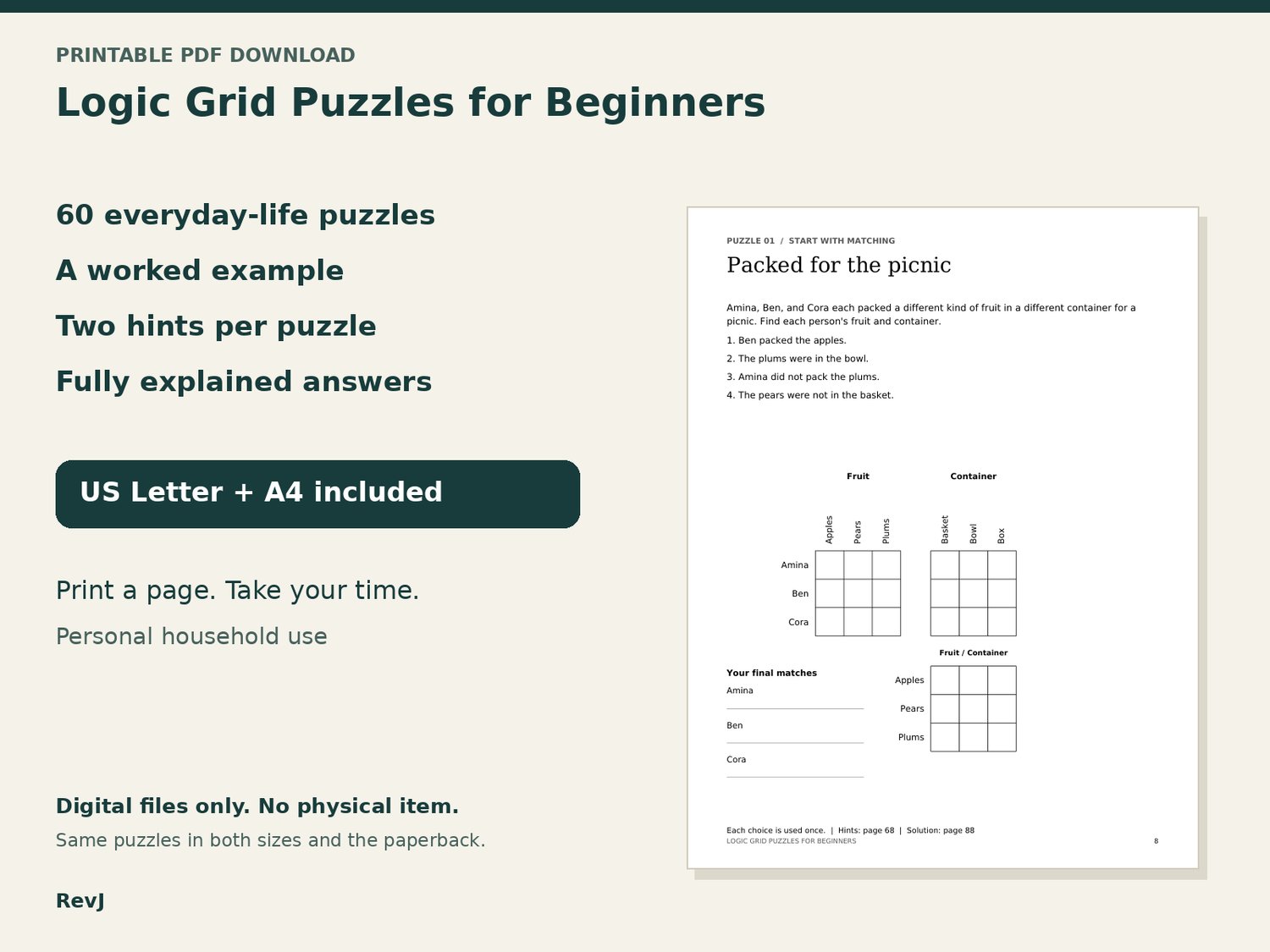 Logic Grid Puzzles for Beginners printable collection, with an example puzzle page, 60 puzzles, hints and explained answers.