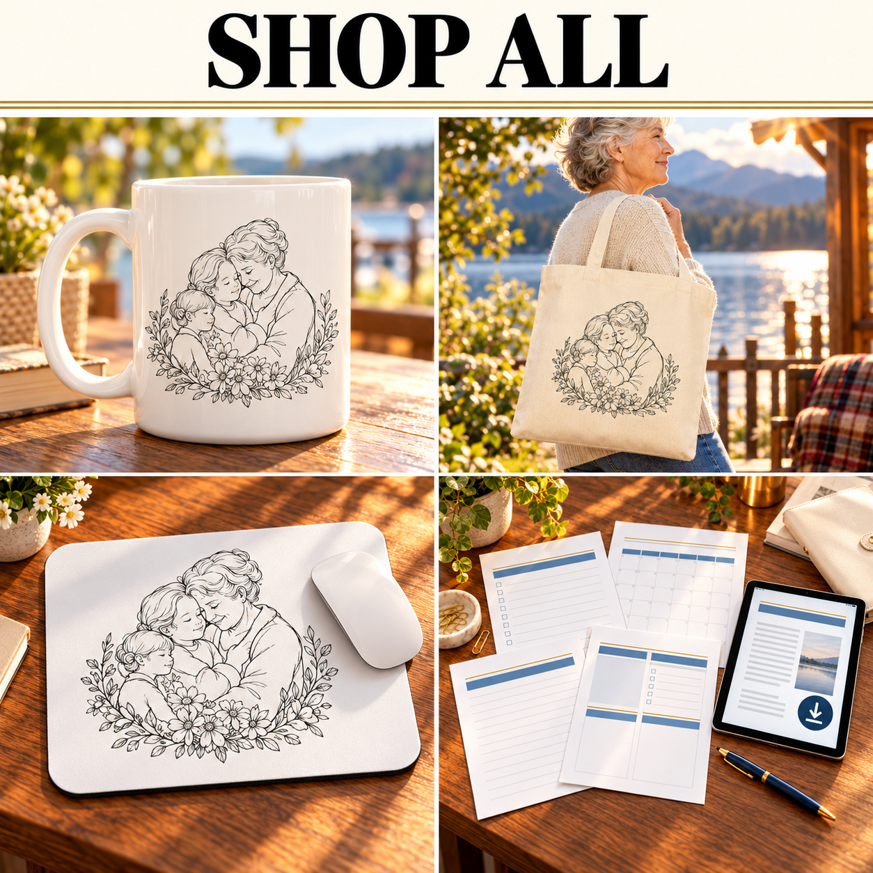 Explore Skybrush Media’s full collection of mugs, tote bags, mouse pads, and printable downloads, including the Senior Health Tracker caregiver binder.