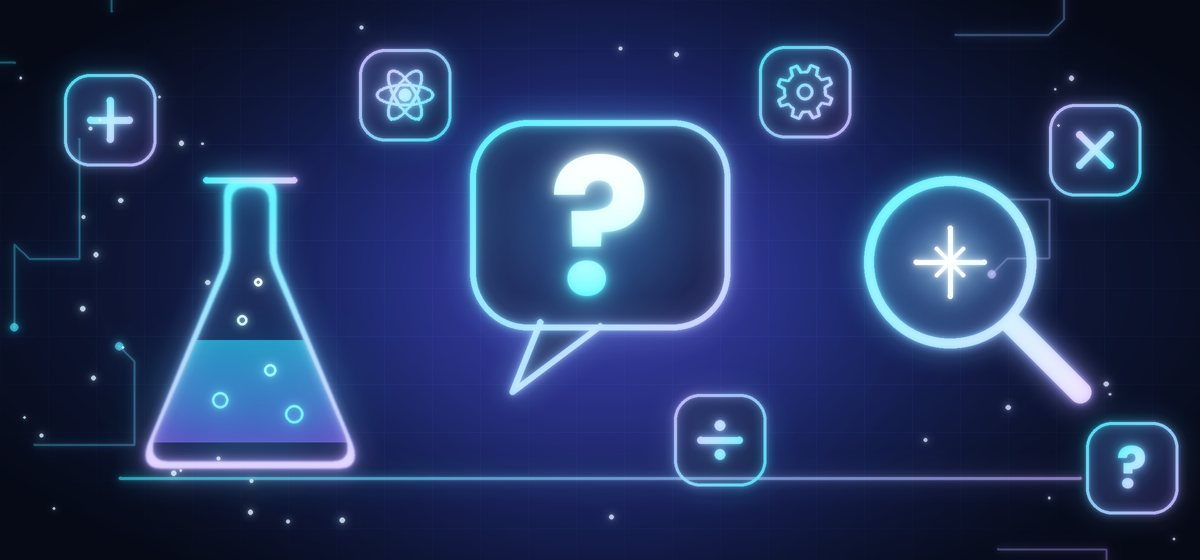 A glowing science flask, a big speech bubble with a question mark and a magnifying glass, surrounded by floating math and science symbols on a dark navy background.