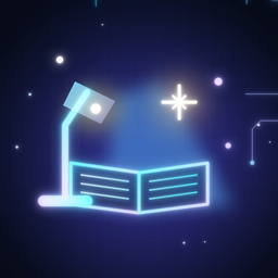 A small glowing desk lamp lighting an open notebook, with a bright spark above it.