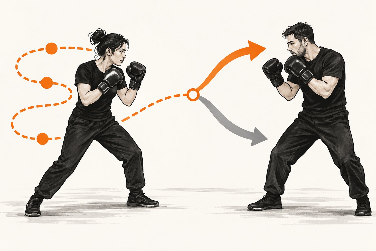 Illustration of two martial artists practising, with branching paths representing choices in sparring.