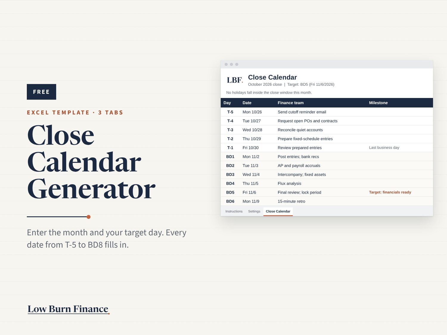 Free Month-End Close Calendar Excel Template (T-5 to BD8)