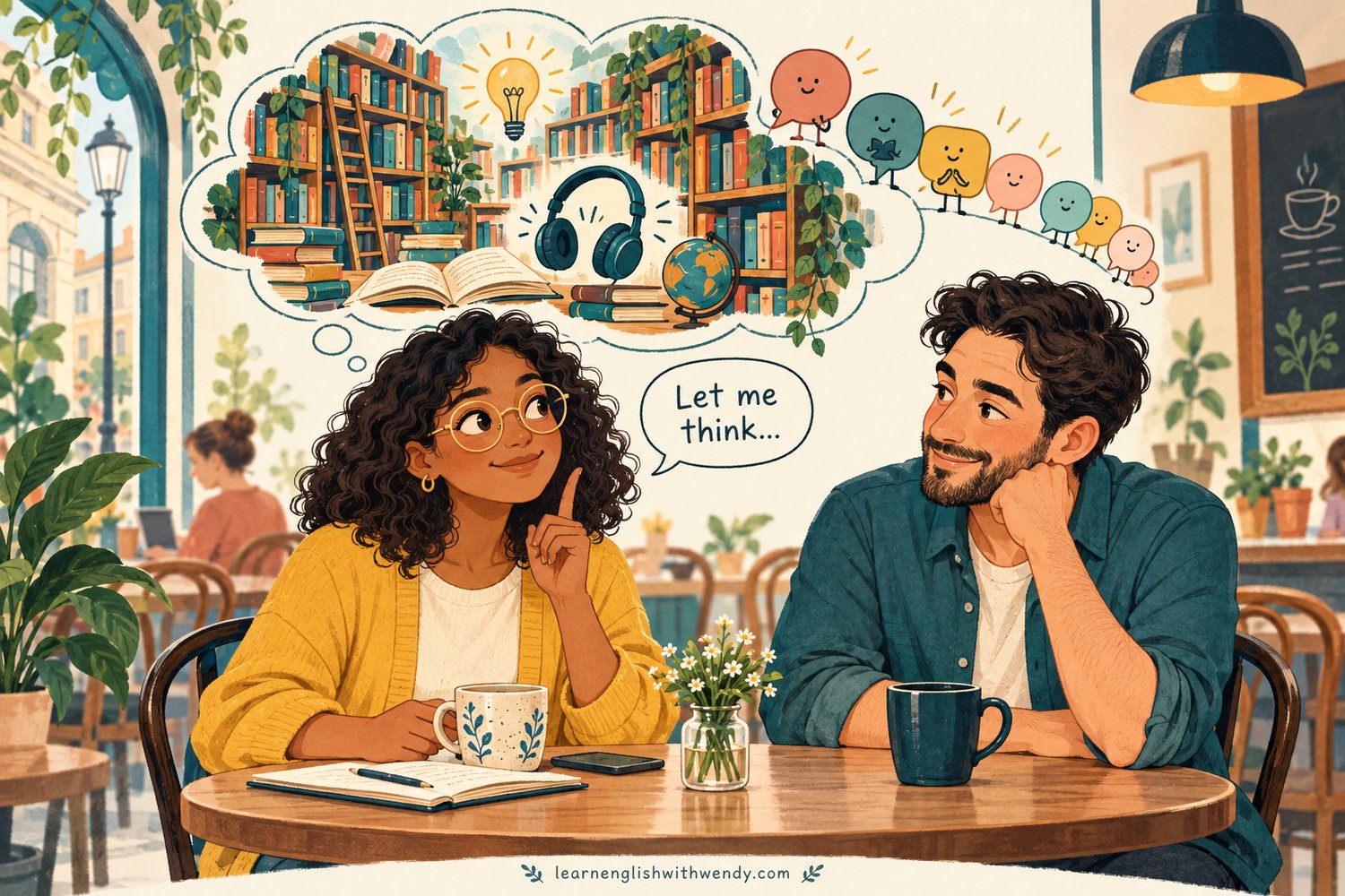 An English learner pauses to find her words while her partner listens, with books and ideas filling a thought bubble.