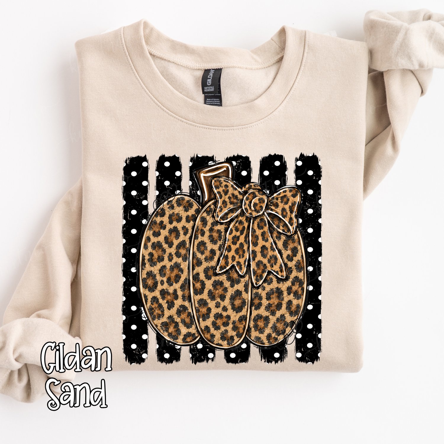 Gildan softstyle sand sweatshirt with cheetah print bow pumpkin and black-and-white polka dot stripes.