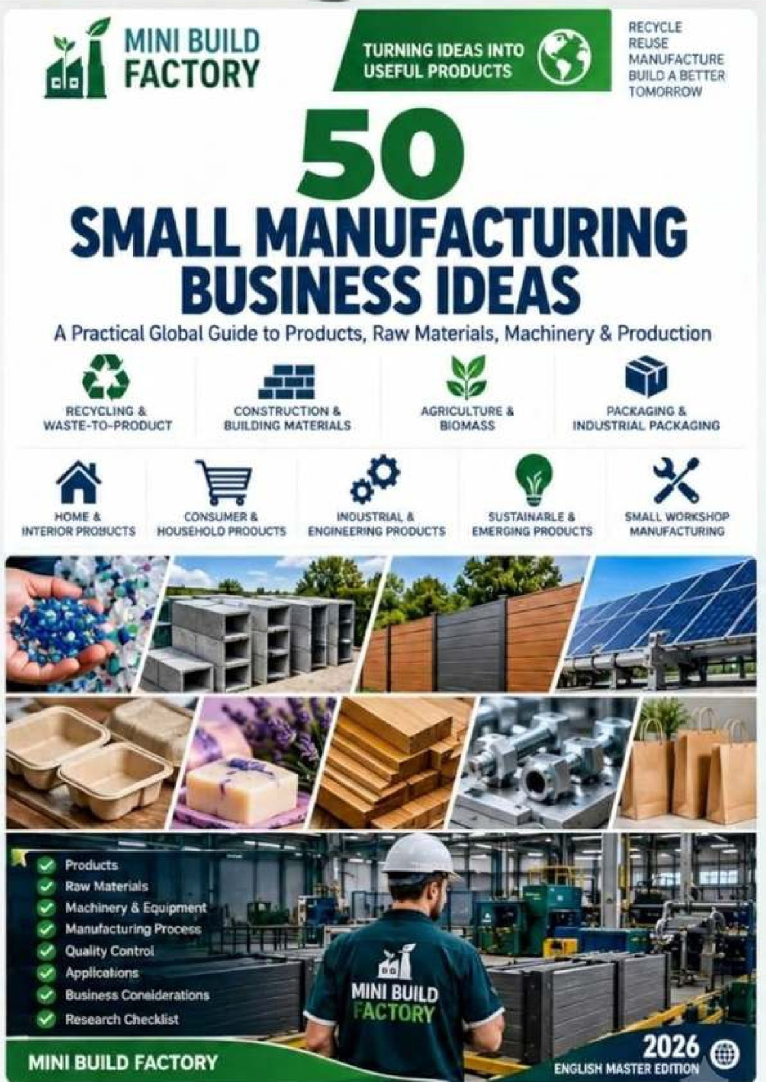 50 Small Manufacturing Business Ideas eBook cover by Mini Build Factory, featuring manufacturing products, machinery, construction materials, recycling, and sustainable business ideas.