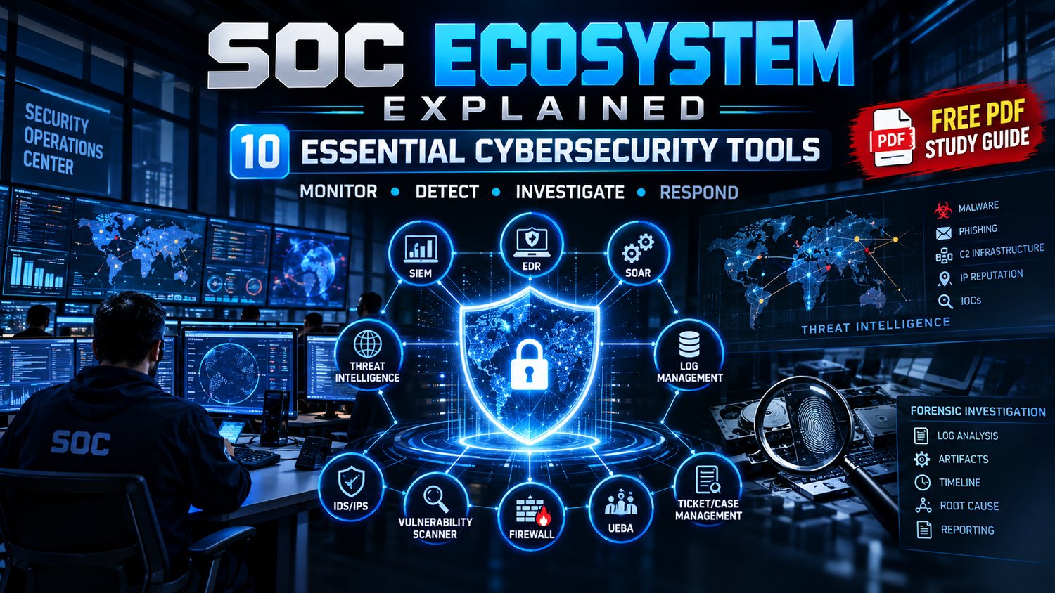 SOC Analyst, Cybersecurity, SOC Tools, Security Operations Center, SIEM, Wazuh, Sysmon, MITRE ATT&CK, Threat Intelligence, Incident Response, Threat Hunting, Digital Forensics, Cybersecurity PDF, Beginner Guide