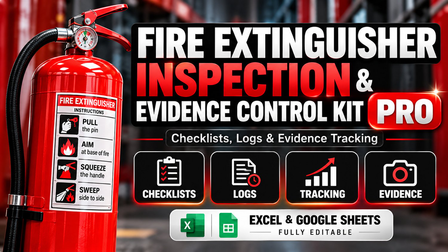 Fire extinguisher inspection kit with printable checklists, maintenance logs, deficiency records and digital evidence tracking templates.