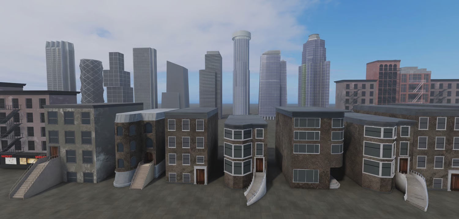 Twin-stack tower and slanted office headquarters buildings