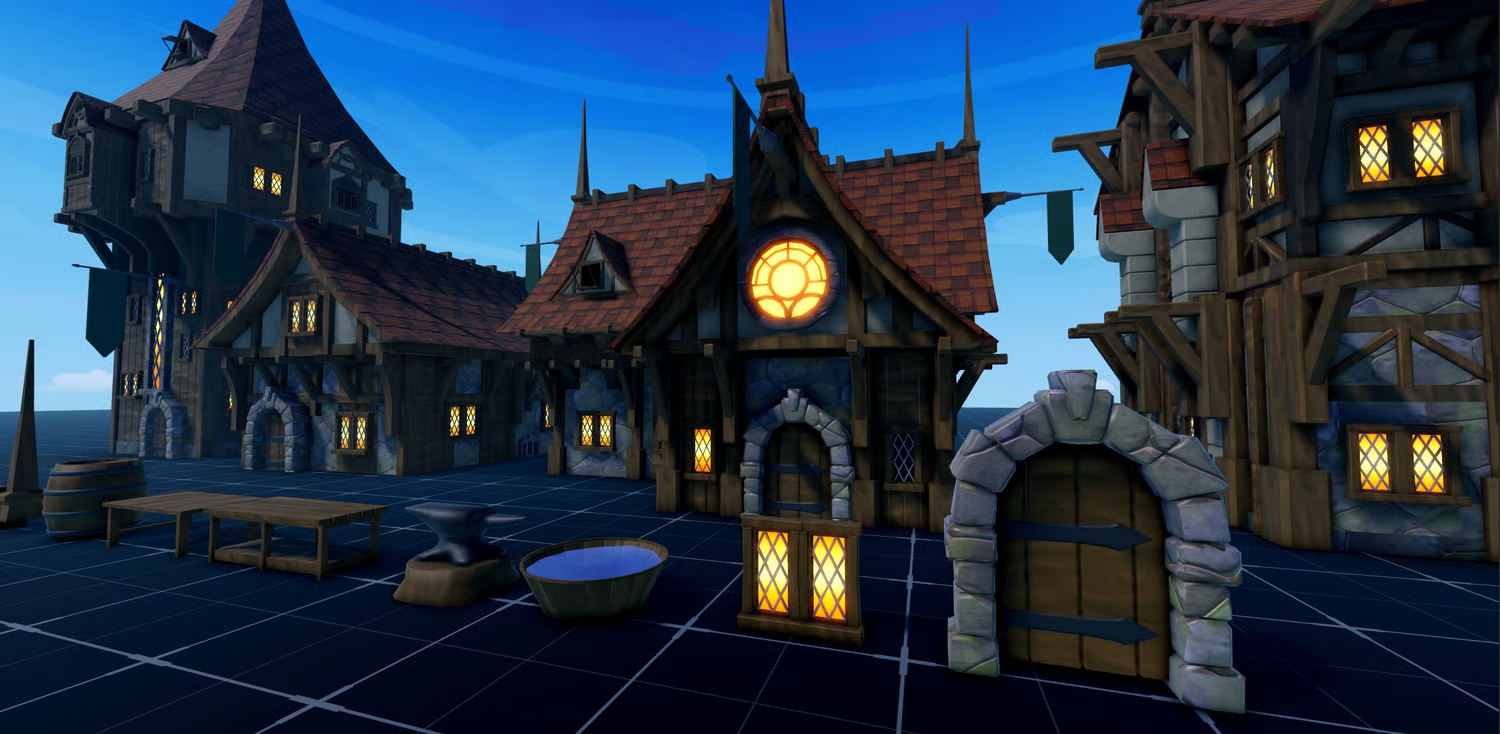 Stone and wood doorway with stylized medieval door