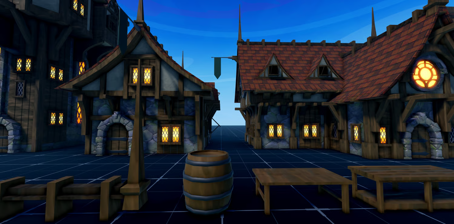 Hand-painted fantasy buildings with glowing windows