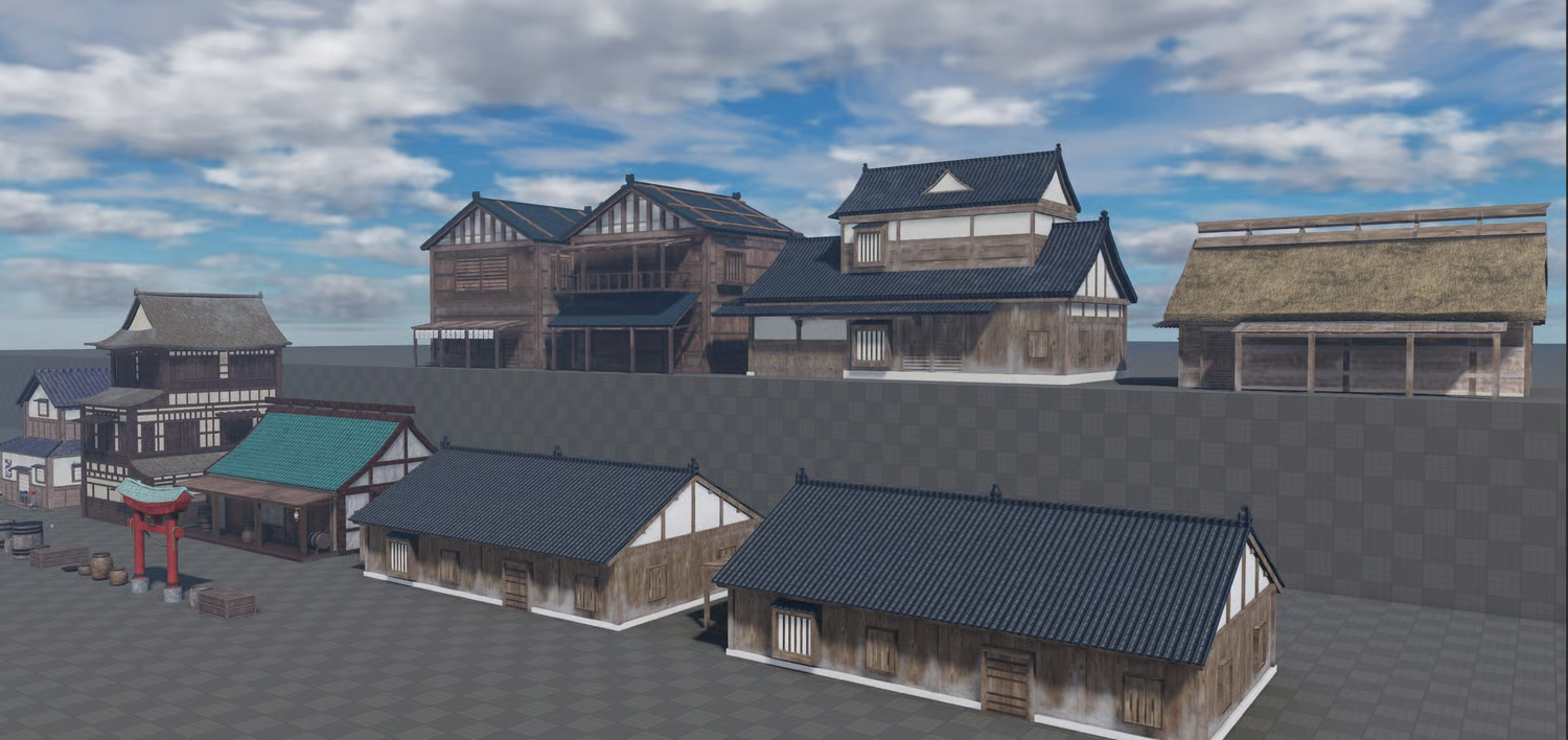 Realistic Japanese village buildings with detailed PBR textures