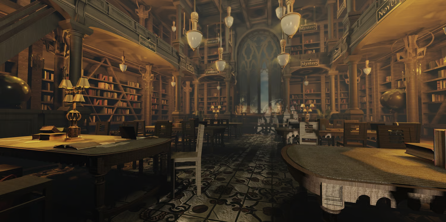 Carved wooden mezzanine balconies overlooking the library