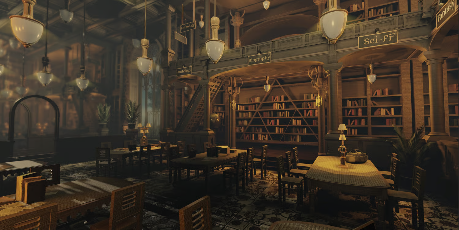 Grand reading hall with ornate columns and bookshelves