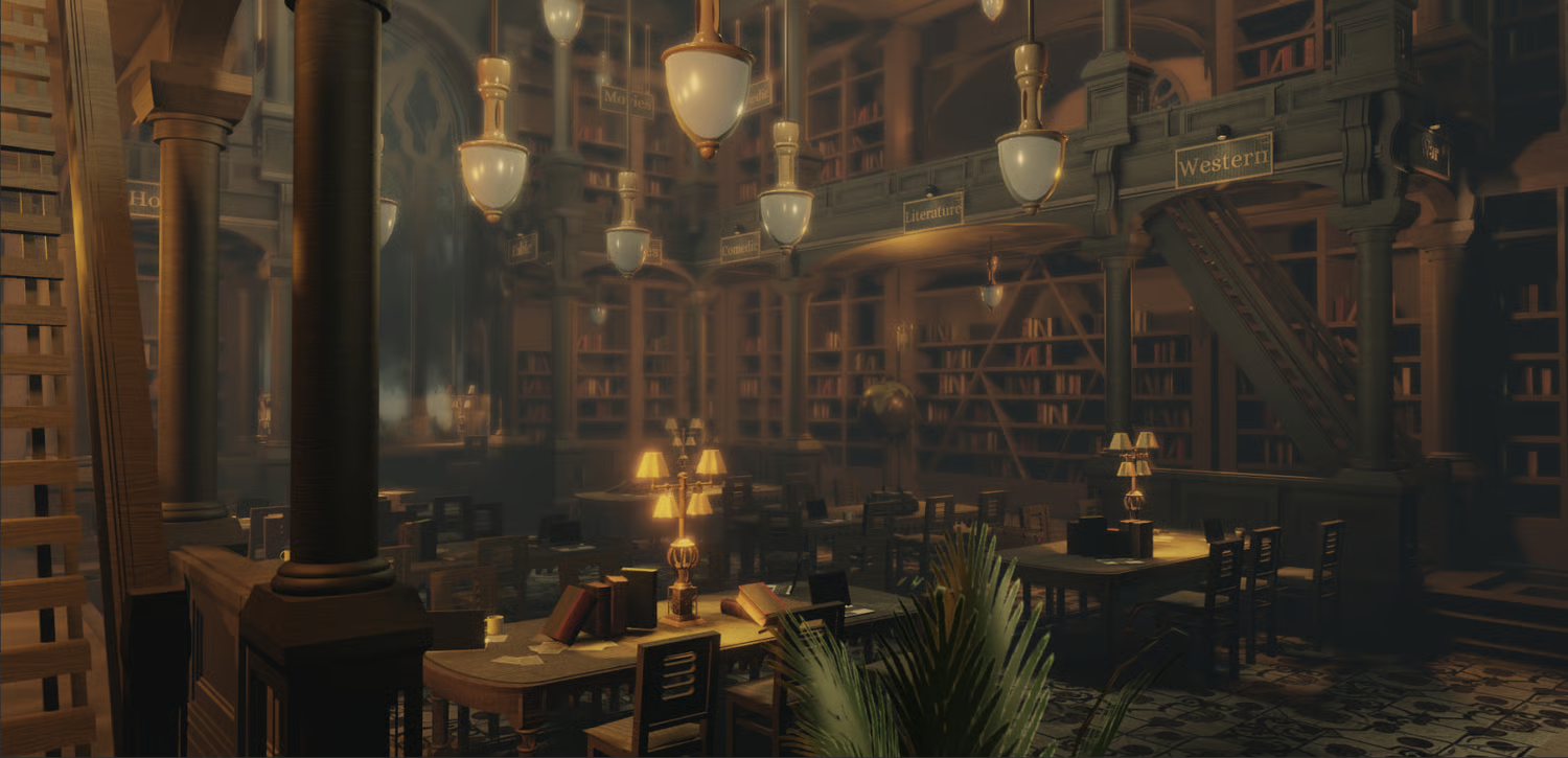 Dark library reading room with warm Gothic lamps