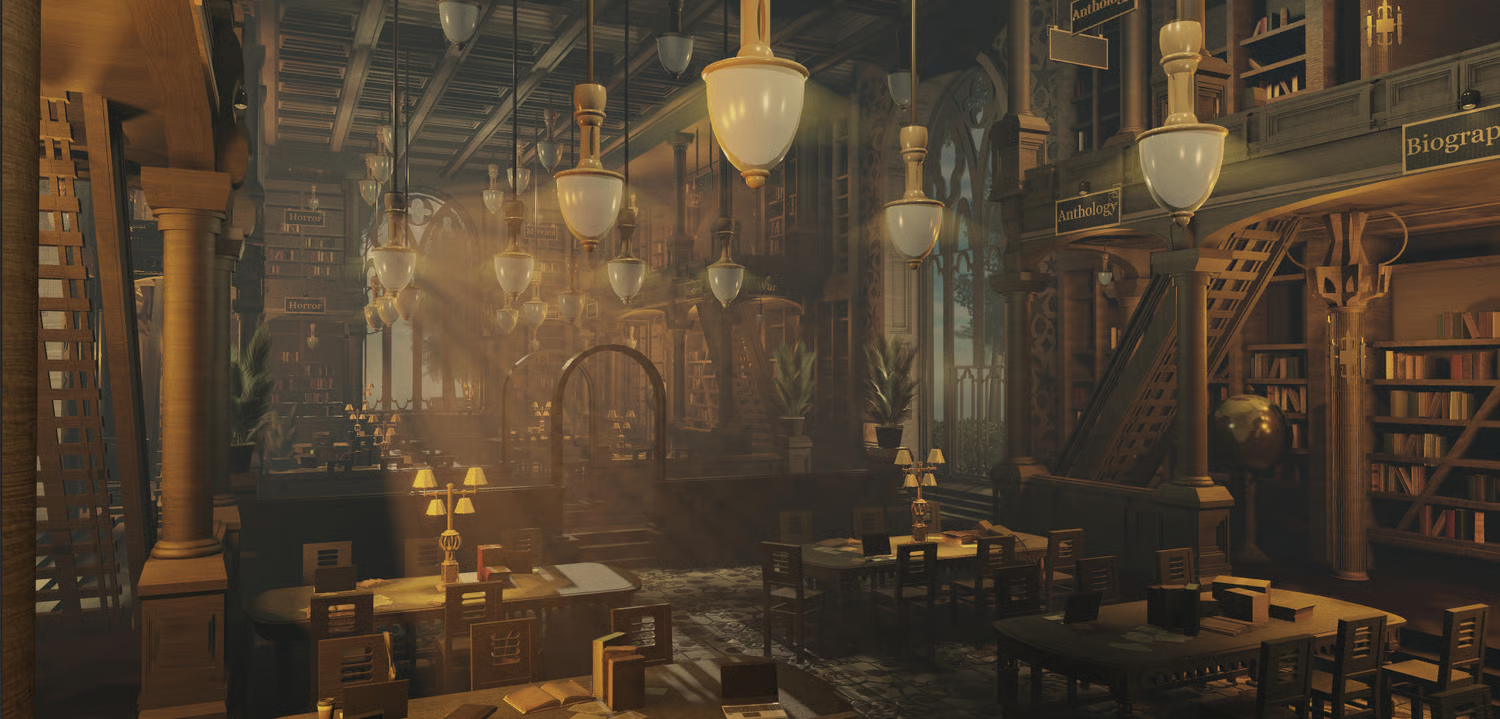 Dark academia library with towering Gothic stone arches