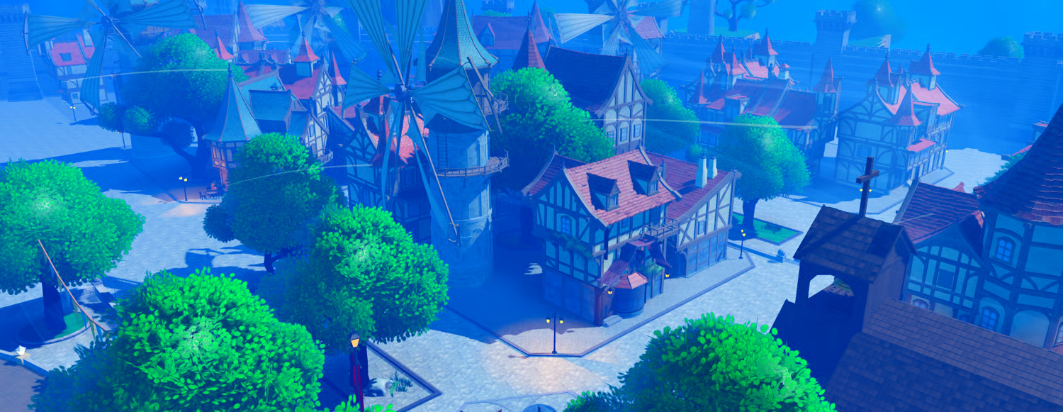 Anime fantasy town with market stalls and trees