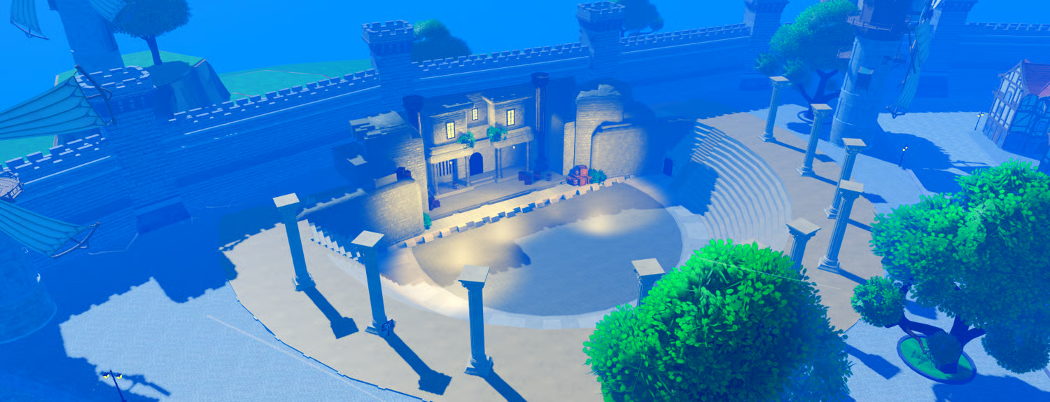 Warm-lit castle gatehouse entrance and outer walls