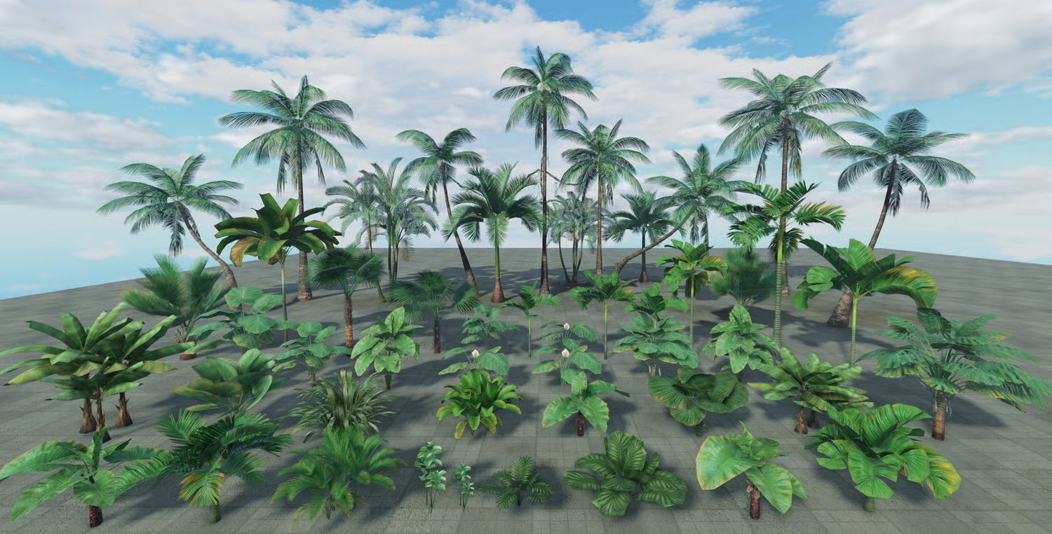 Curved jungle tree models for tropical landscapes