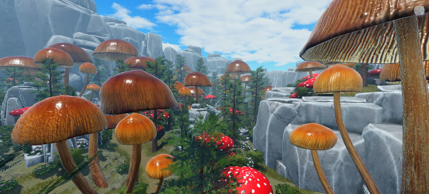 Giant mushroom forest across a fantasy Roblox landscape