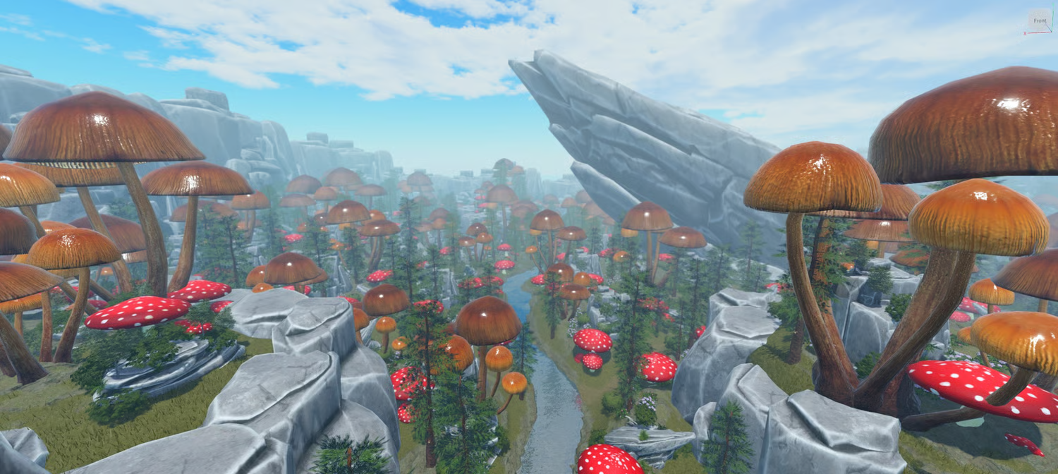 Large mushrooms growing among detailed pine trees