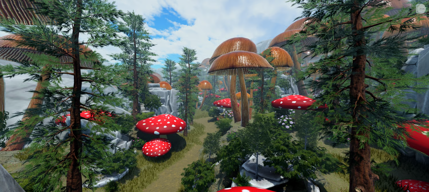 Rock mountains surrounding a fantasy mushroom valley