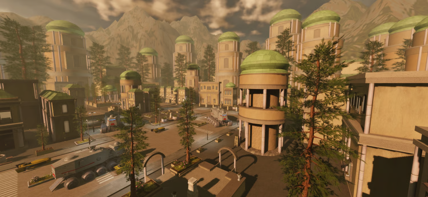 Textured roads connecting modular futuristic city buildings