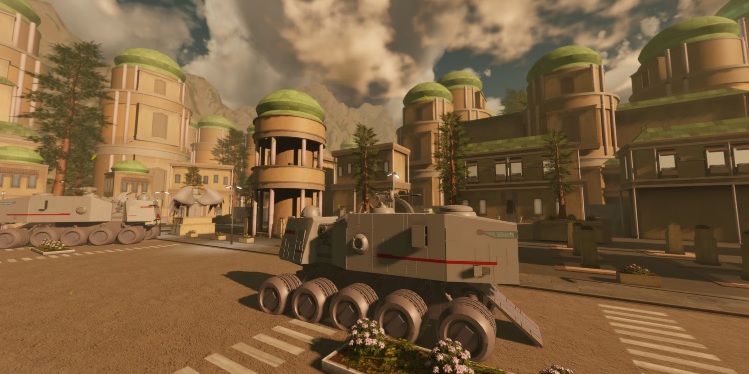 Futuristic sci-fi settlement across a large Roblox map