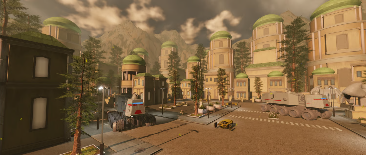 Modular futuristic buildings lining connected city streets