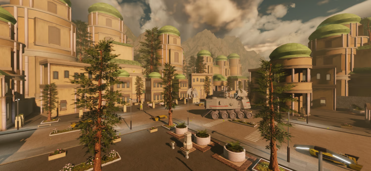 Trees and bushes across the alien world terrain
