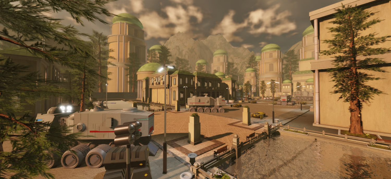 Mountains and valleys surrounding the futuristic settlement