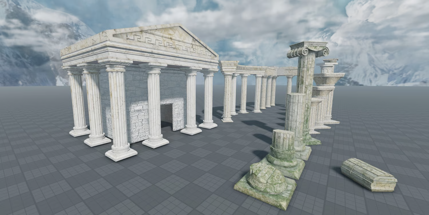Classical Greek temple with detailed interior spaces