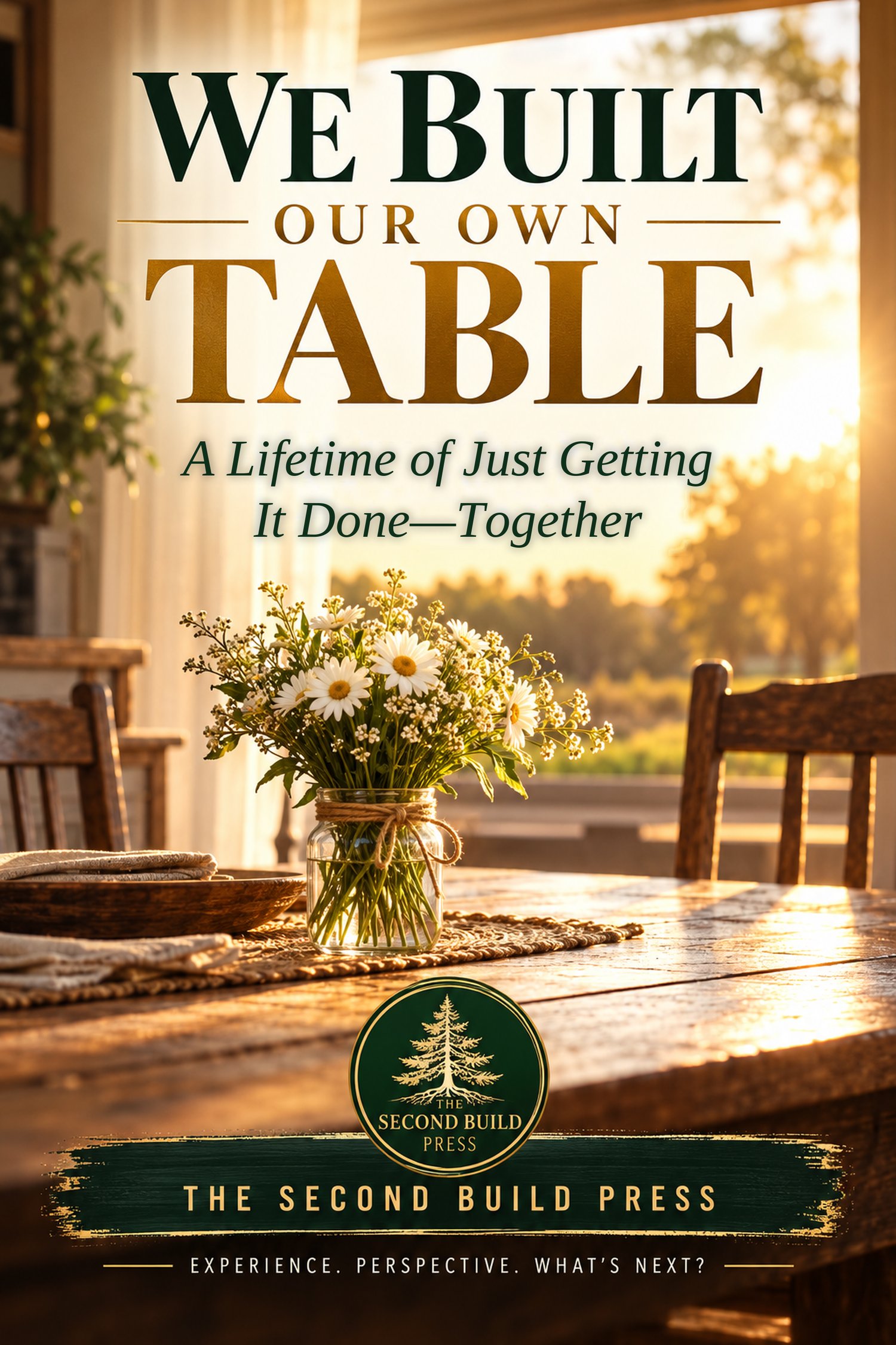 Cover of the memoir We Built Our Own Table: A Lifetime of Just Getting It Done—Together, with a sunlit wooden table and a jar of daisies.