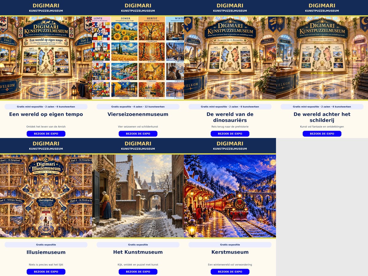 Bezoek het gratis Digimari Kunstpuzzelmuseum. Ontdek 7 digitale tentoonstellingen met originele schilderijen, bijzondere verhalen en interactieve puzzels.